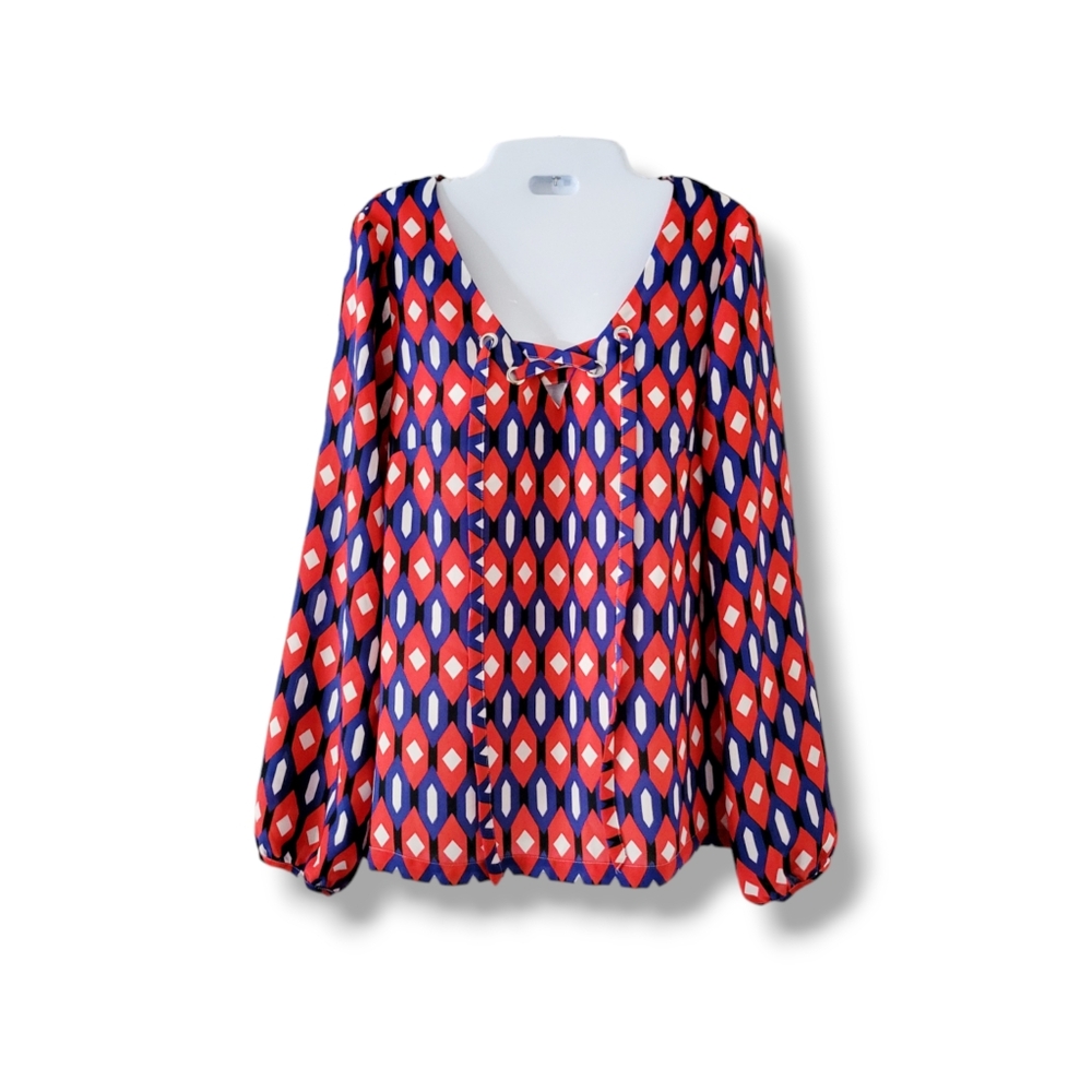Laundry by Shelli Segal | Red/Blue Retro Geo Lace Up Flowy Top (SIZE S)
